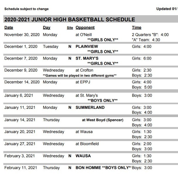 Niobrara Public Schools Jr.High Basketball Schedule